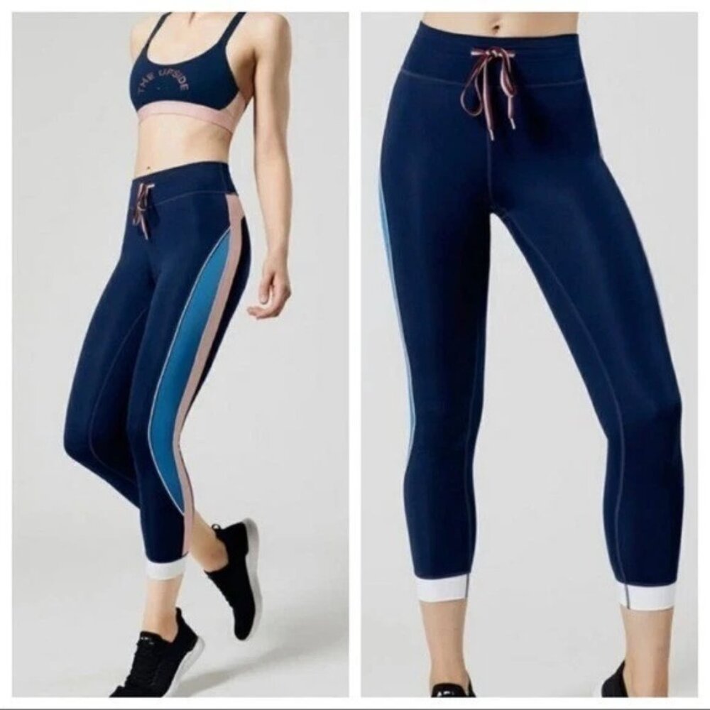 The upside side stripe drawstring navy athletic leggings and sports bra set